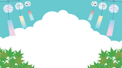 雲が広がる青空と様々な風鈴の夏の背景テンプレート　Summer Background Template of Blue Sky with Clouds and Various Wind Chimes - obrazy, fototapety, plakaty