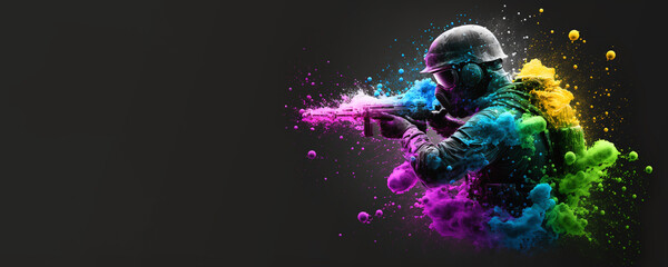 A tactical suit and color bombs for a war game. Banner. 5:2. 10667x4267. Generative AI