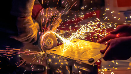 Sparks in the dark from an angle grinder close-up. Hacking a computer with a power tool. The...