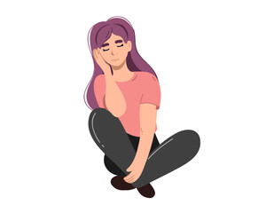 Sad woman sits on the floor. Vector illustration