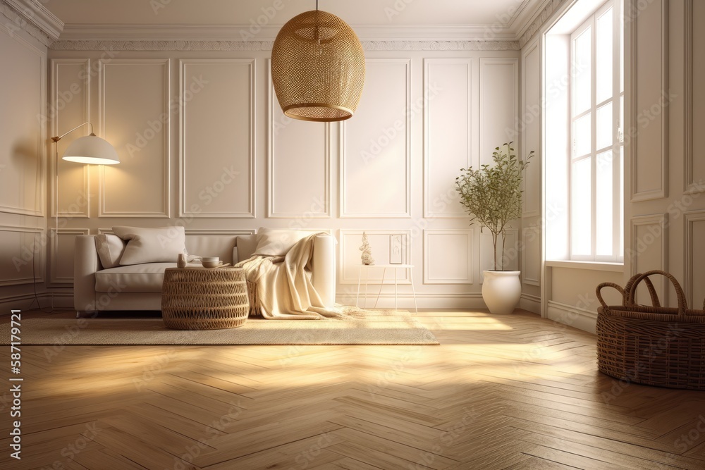 Sticker Empty room with white paneling, rattan coffee table, rug, basket, and cushion on parquet floor. Generative AI