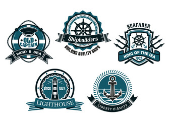 Nautical themed emblems and badges depicting a life buoy, helms, lighthouse, anchor and tridents with assorted banners and text in blue