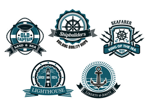 Nautical themed emblems and badges depicting a life buoy, helms, lighthouse, anchor and tridents with assorted banners and text in blue