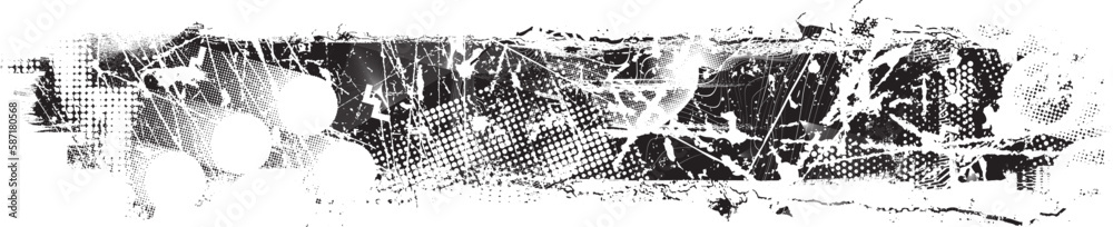 Poster Glitch distorted grungy isolated banner . Design element for brochure, social media, posters, flyers. Overlay texture.Textured banner with Distress effect .Vector halftone dots . Screen print texture