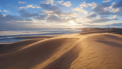 Fototapeta na wymiar panoramic_landscape_of_sand_dunes_system_on_beach_at_sunr