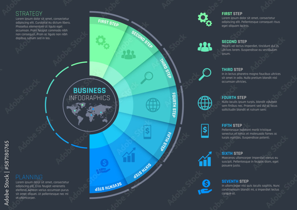 Poster Business infographics with vector template of presentation step chart, process graph or options diagram with world map. Business strategy and planning flowchart or workflow with icons, text layouts