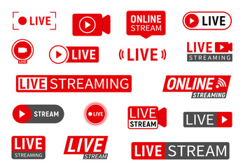 Live stream, online webinar or TV news broadcast vector icons of camera and recording button. Television live channel and streaming web video or online news play symbols, vlog or tube broadcast - obrazy, fototapety, plakaty