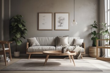 Grey couch in basic living room,. Generative AI