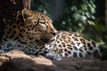 Fototapeta na wymiar In the zoo, a languid leopard lies down. Generative AI