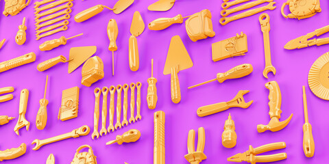 tools set background concept of repair tools warehouse promotion 3d render on violet background - 587181502