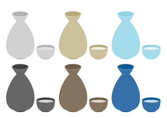 日本酒の入ったとっくりとおちょこのイラストのセット
