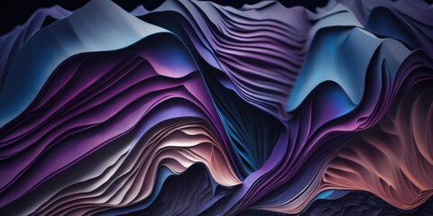Abstract smooth waves and curves with metallic sheen of deep dark blue and amethyst purple colors, folding backdrop with a shallow depth of field bokeh blur - generative AI