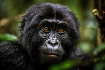 Baby mountain gorilla (Gorilla beringei beringei) portrait taken in Uganda's Bwindi Impenetrable Forest National Park. Generative AI