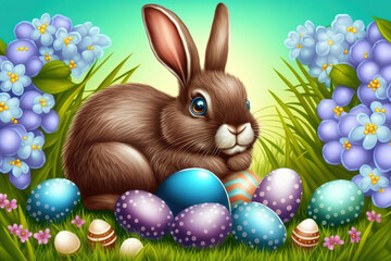 Easter rabbit with colorful holiday eggs. Cute fluffy bunny celebrating spring holiday. Generated Ai.