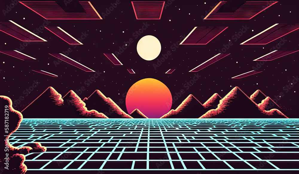 Poster retro styled sci-fi landscape with mountains. retro futuristic science fiction illustration in drawi