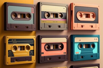 Fototapeta premium Vintage audio cassettes on a yellow background. Generative AI illustration.