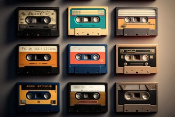 Fototapeta premium Collection of vintage audio cassettes on dark background. Generative AI illustration.