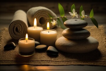 Fototapeta na wymiar Spa massage concept. Ai. Stones with candles on bamboo mat