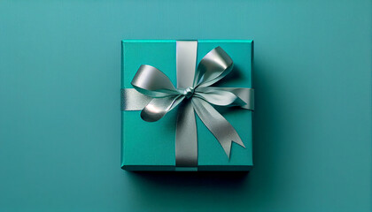 Blue gift box with blue ribbon bow on dark blue background, Generative AI