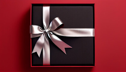 Black gift box with silver ribbon bow on red background, Generative AI