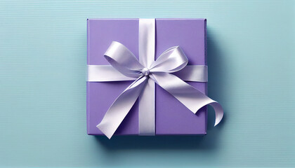 Purple gift box with white ribbon bow on light blue background, Generative AI