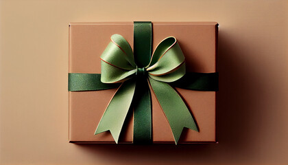 Brown gift box with green ribbon bow on cream background, Generative AI