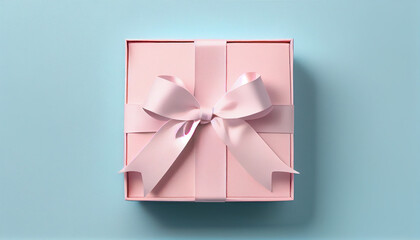 Light pink gift box with pink ribbon bow on blue background, Generative AI