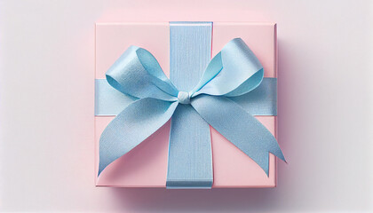 Pink gift box with blue ribbon bow on white background, Generative AI