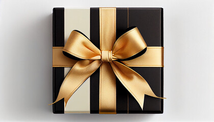 Black gift box with gold ribbon bow on white background, Generative AI