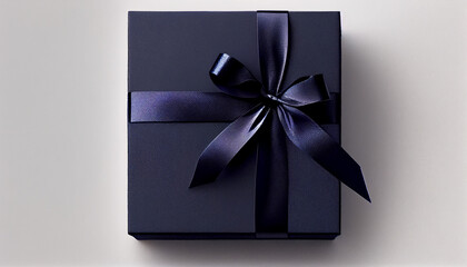 Navy blue gift box with dark blue ribbon bow on white background, Generative AI