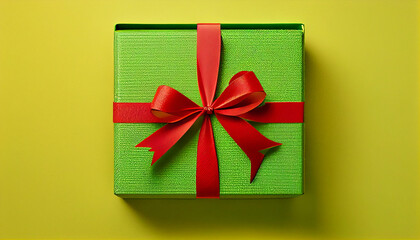 Green gift box with red ribbon bow on yellow background, Generative AI