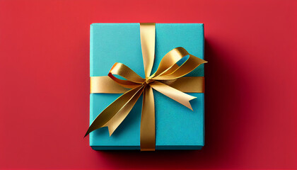 Blue gift box with gold ribbon bow on red background, Generative AI