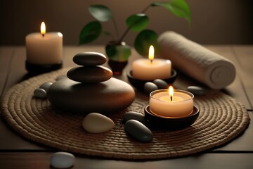 Obraz na płótnie Canvas Spa massage concept. Ai. Stones with candles on bamboo mat