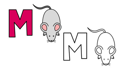 Cartoon mouse and letter M coloring book vector illustration for children