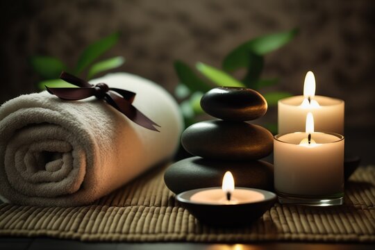 Spa massage concept. Ai. Stones with candles on bamboo mat