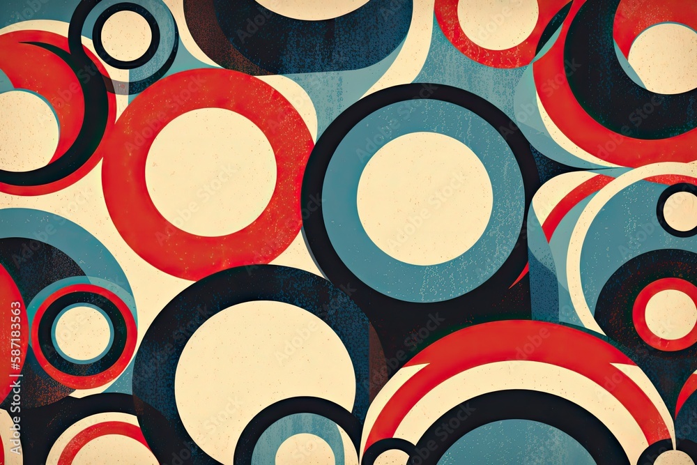 Poster wall covered in colorful circles in a repetitive pattern. generative ai
