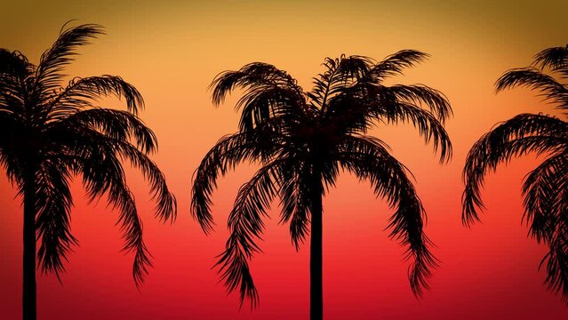 Horizontal side scrolling of silhouette palm tree with a sunset background in a seamless loop.