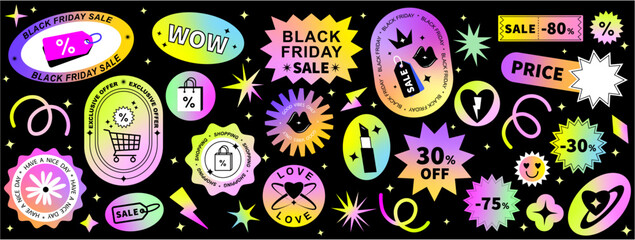 Set of cool trendy sale stickers for business. Geometric elements for a store sale, online promotion or social media posts. Gradient stickers with quotes. Brutalism aesthetic.