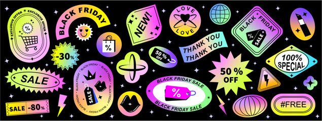 Set of cool trendy sale stickers for business. Geometric elements for a store sale, online promotion or social media posts. Gradient stickers with quotes. Brutalism aesthetic.