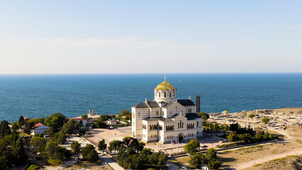 Sevastopol, Crimea. Vladimirsky Cathedral in Chersonesos. Chersonesus Tauric - founded by the ancient Greeks on the Heracles peninsula on the Crimean coast, Aerial View