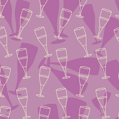 Seamless pattern with doodle champagne glass and champagne glasses silhouettes in the background. Doodle liquor glass, silhouettes of liquor glasses in seamless pattern.