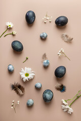 Composition with Easter eggs and flowers on a pastel background. Spring concept