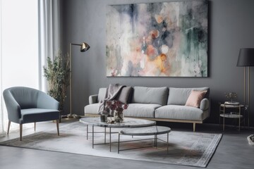 Stylish minimalist living room with industrial inspired Scandinavian furniture, grey vintage sofa, and a sizable, vibrant watercolor painting on the wall;. Generative AI