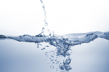 Water splash Aqua flowing in waves and creating bubbles Drops on the water surface feel fresh and clean isolated on white background.