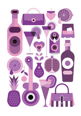 Cocktails, alcohol drink bottles, fruits and music instruments. Set of colored vector icons for cocktail party posters, flyers, websites, etc. Each one of the design element created on a separate laye
