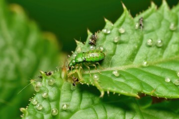 Fototapeta premium a green leaf covered in aphids. close. Generative AI