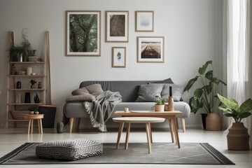 Minimalist living room with gray couch, wooden cube, plaid, cushions, imitation poster frame, and stylish accessories. Interior design. Template. Gray. Generative AI