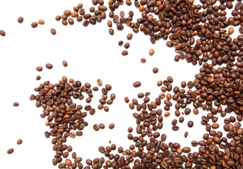 Roasted coffee beans isolated on white background.