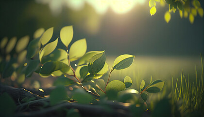 Green leaves on branch and green grass with morning sunlight ,spring and summer background,Generative AI