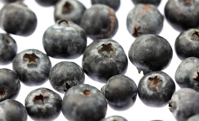 Ripe blueberries isolated on white background. Macro.